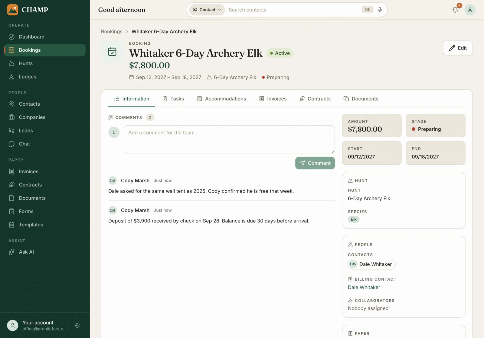 Champ CRM booking record with stage, dates, hunt and team comments