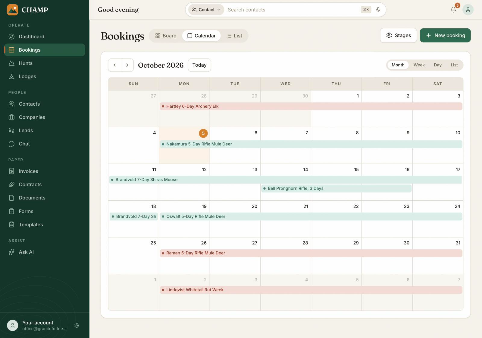Champ CRM calendar showing a month of bookings
