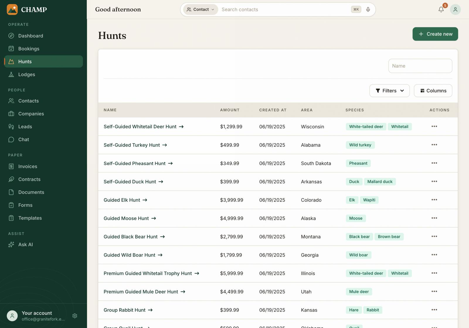 Champ CRM hunts list with price, area and species