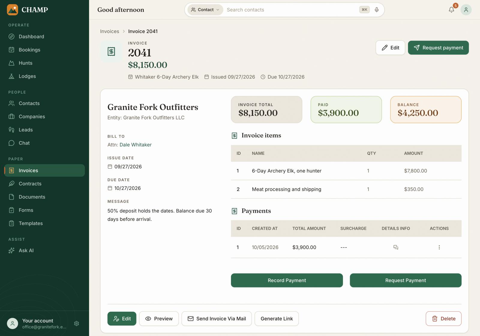 Champ CRM invoice showing total, deposit paid and balance