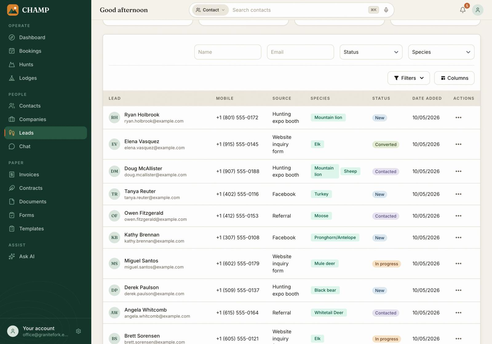 Champ CRM leads list showing source, species and status